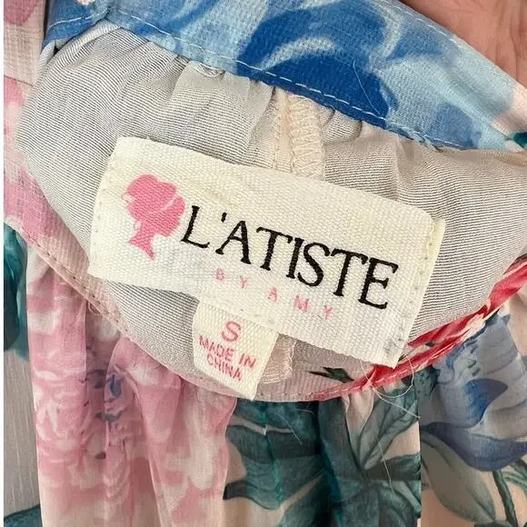 L'atiste Watercolor Floral Cutout Maxi Dress Small Lace Up Back Tiered Feminine - Picture 8 of 9